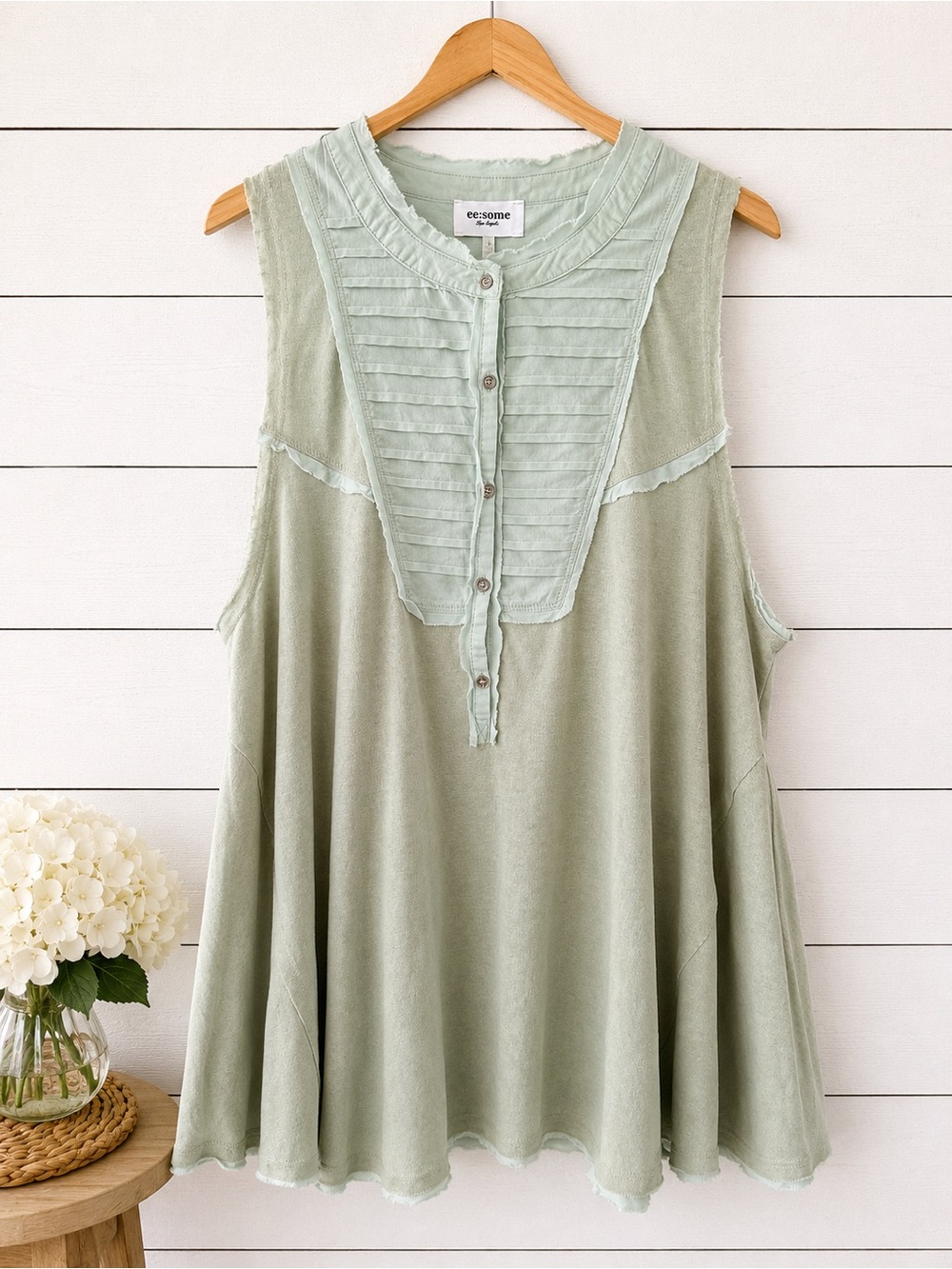 eesome Light Sage Green Sleeveless Pintuck Button Tank